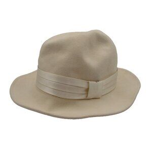 Off White Wool Fedora Hat Large Wide Brim Ribbon Bow Band St. Patrick Church Wed